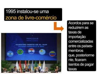 1995 instalou-se uma
zona de livre-comércio
                         Acordos para se
                         reduzirem as
                         taxas de
                         importação
                         comercializadas
                         entre os países-
                         membros
                         que, posteriorme
                         nte, ficaram
                         isentos de pagar
                         taxas
 