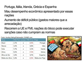 Portuga, Itália, Irlanda, Grécia e Espanha
Mau desempenho econômico apresentado por essas
nações
Aumento de déficit público (gastos maiores que a
arrecadação)
Recorrem a UE e FMI, nações do bloco pode executar
sanções caso não cumpram as normas
 