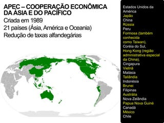 APEC – COOPERAÇÃO ECONÔMICA           Estados Unidos da
                                      América
DA ÁSIA E DO PACÍFICO                 Japão
Criada em 1989                        China
                                      Rússia
21 países (Ásia, América e Oceania)   Peru
                                      Formosa (também
Redução de taxas alfandegárias        conhecida
                                      como Taiwan),
                                      Coréia do Sul,
                                      Hong Kong (região
                                      administrativa especial
                                      da China),
                                      Cingapura
                                      Vietnã
                                      Malásia
                                      Tailândia
                                      Indonésia
                                      Brunei
                                      Filipinas
                                      Austrália
                                      Nova Zelândia
                                      Papua Nova Guiné
                                      Canadá
                                      México
                                      Chile
 