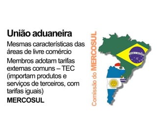 União aduaneira
Mesmas características das
áreas de livre comércio
Membros adotam tarifas
externas comuns – TEC
(importam produtos e
serviços de terceiros, com
tarifas iguais)
MERCOSUL
 
