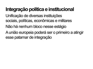 Integraçãopolíticaeinstitucional
Unificação de diversas instituições
sociais, políticas, econômicas e militares
Não há nenhum bloco nesse estágio
Aunião europeia poderá ser o primeiro a atingir
esse patamar de integração
 