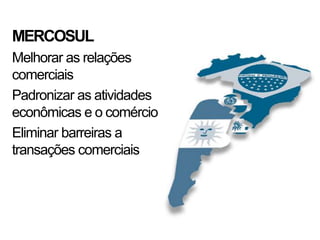 MERCOSUL
Melhorar as relações
comerciais
Padronizar as atividades
econômicas e o comércio
Eliminar barreiras a
transações comerciais
 