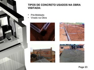 TIPOS DE CONCRETO USADOS NA OBRA
VISITADA:
• Pré-Moldado
• Virado na Obra

Page 23

 