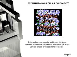 ESTRUTURA MOLECULAR DO CIMENTO

Esferas brancas e azuis: Moléculas de Água
Bastões amarelos e vermelhos: Tetraedos de Sílica
Esferas cinzas e verdes: Íons de Cálcio

Page 8

 