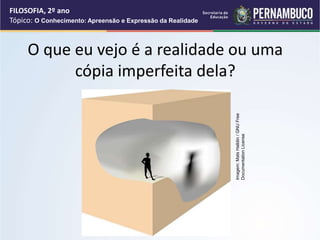 O que eu vejo é a realidade ou uma
cópia imperfeita dela?
FILOSOFIA, 2º ano
Tópico: O Conhecimento: Apreensão e Expressão da Realidade
Imagem:
Mats
Halldin
/
GNU
Free
Documentation
License
 