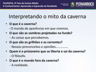 Interpretando o mito da caverna
• O que é a caverna?
- O mundo de aparências em que vivemos.
• O que são as sombras projetadas no fundo?
- As coisas que percebemos.
• O que são os grilhões e as correntes?
- Nossos preconceitos e opiniões..............
• Quem é o prisioneiro que se liberta e sai da caverna?
- O filósofo.
• O que é o mundo fora da caverna?
- A realidade.
FILOSOFIA, 2º Ano do Ensino Médio
O Conhecimento: Apreensão e Expressão da Realidade
 