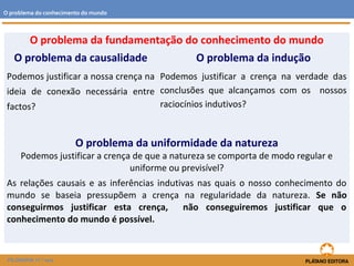 FILOSOFIA 11.º ano
O problema da fundamentação do conhecimento do mundo
O problema da causalidade O problema da indução
Podemos justificar a nossa crença na
ideia de conexão necessária entre
factos?
Podemos justificar a crença na verdade das
conclusões que alcançamos com os nossos
raciocínios indutivos?
O problema da uniformidade da natureza
Podemos justificar a crença de que a natureza se comporta de modo regular e
uniforme ou previsível?
As relações causais e as inferências indutivas nas quais o nosso conhecimento do
mundo se baseia pressupõem a crença na regularidade da natureza. Se não
conseguirmos justificar esta crença, não conseguiremos justificar que o
conhecimento do mundo é possível.
O problema do conhecimento do mundo
 