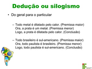 Dedução ou silogismo
• Do geral para o particular
– Todo metal é dilatado pelo calor. (Premissa maior)
Ora, a prata é um metal. (Premissa menor)
Logo, a prata é dilatada pelo calor. (Conclusão)
– Todo brasileiro é sul-americano. (Premissa maior)
Ora, todo paulista é brasileiro. (Premissa menor)
Logo, todo paulista é sul-americano. (Conclusão)
 
