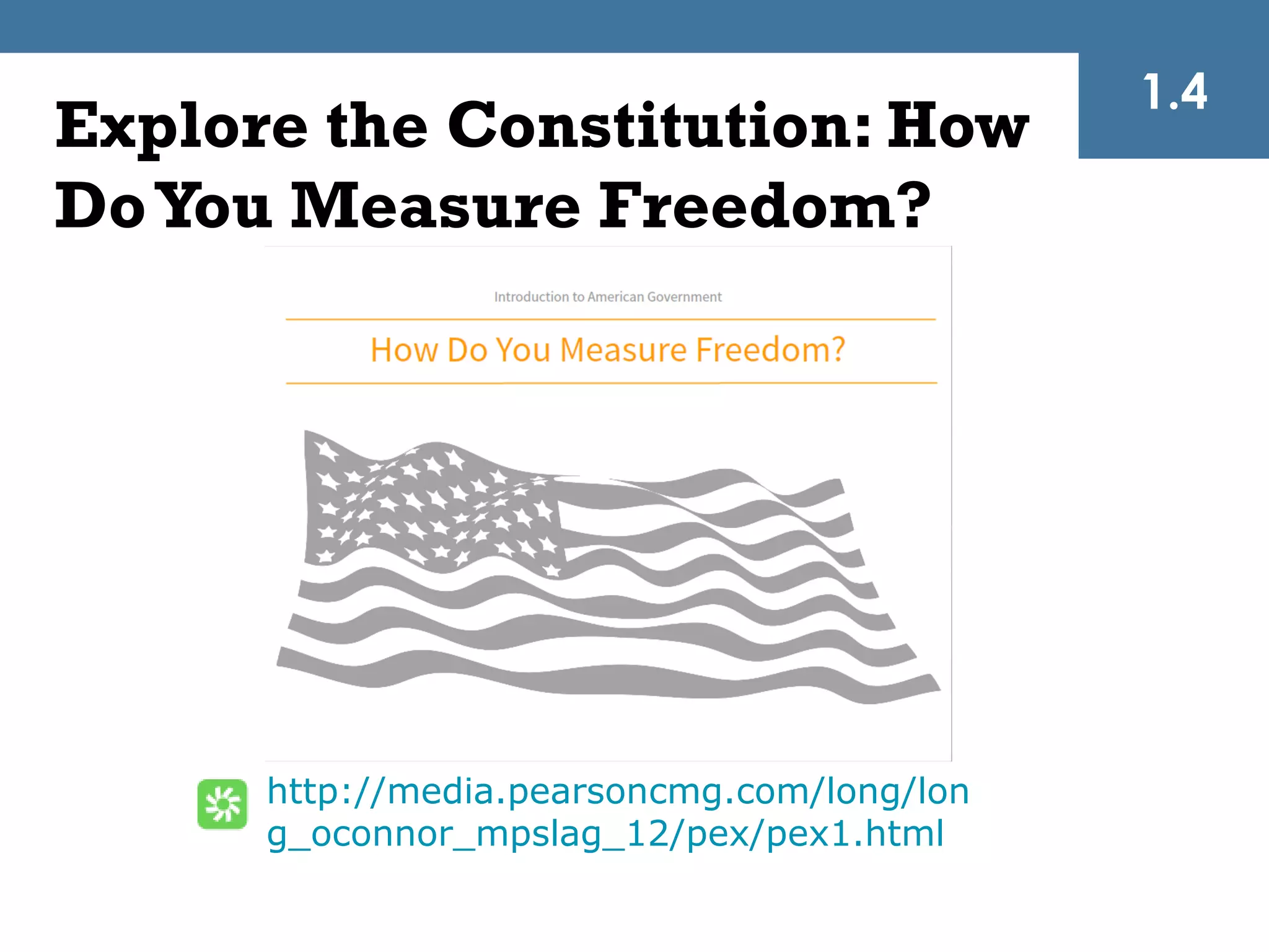 1.4
Explore the Constitution: How
Do You Measure Freedom?




      http://media.pearsoncmg.com/long/lon
      g_oconnor_mpslag_12/pex/pex1.html
 