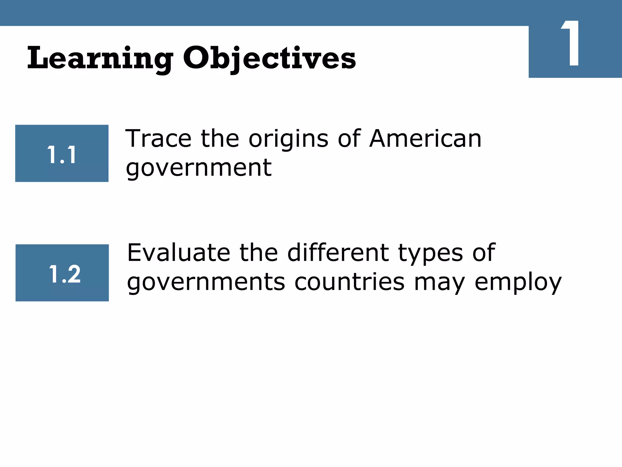 Learning Objectives                    1
       Trace the origins of American
 1.1
       government


       Evaluate the different types of
 1.2   governments countries may employ
 
