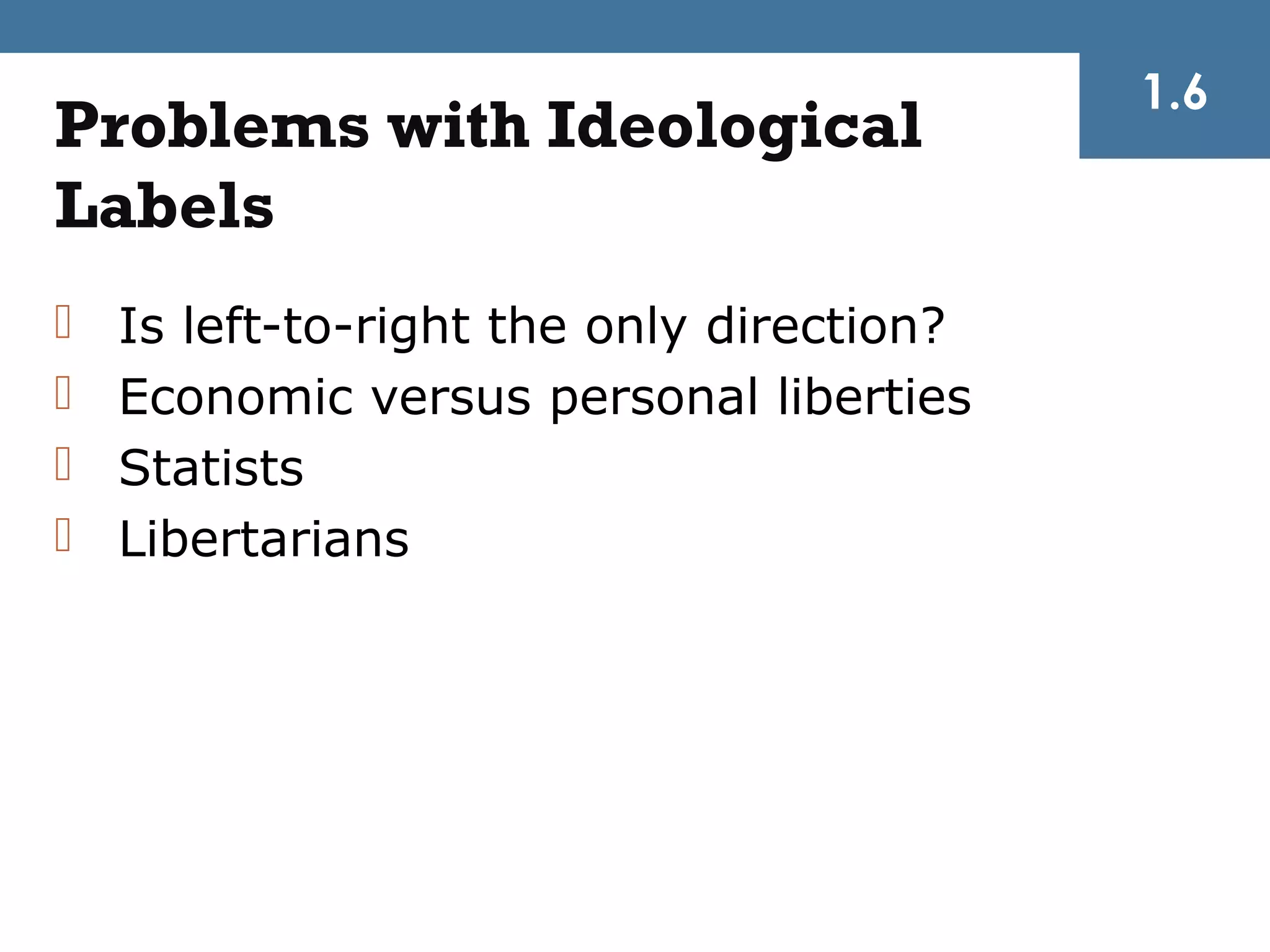 1.6
Problems with Ideological
Labels
   Is left-to-right the only direction?
   Economic versus personal liberties
   Statists
   Libertarians
 