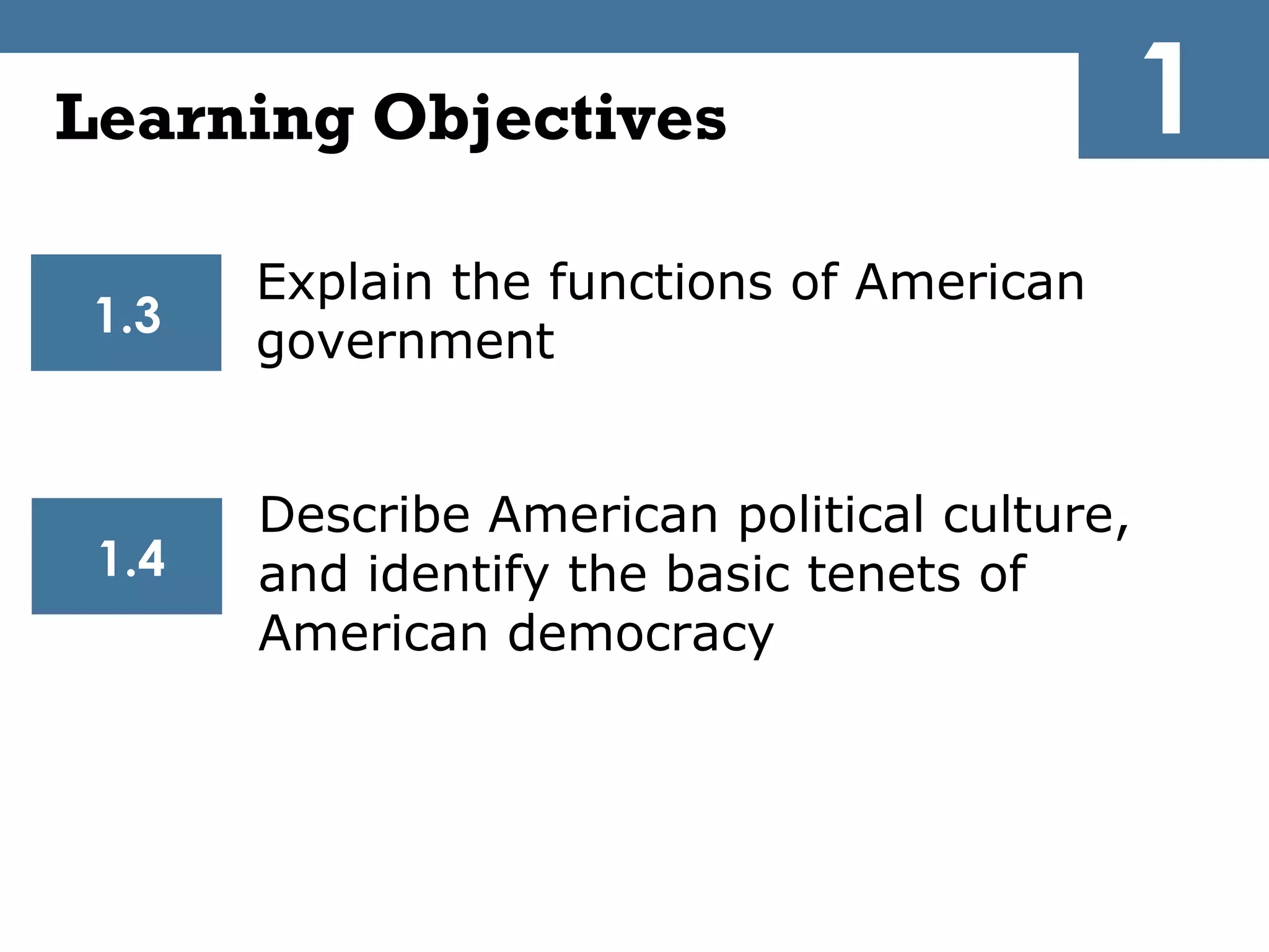 Learning Objectives                           1
       Explain the functions of American
 1.3
       government


       Describe American political culture,
 1.4   and identify the basic tenets of
       American democracy
 