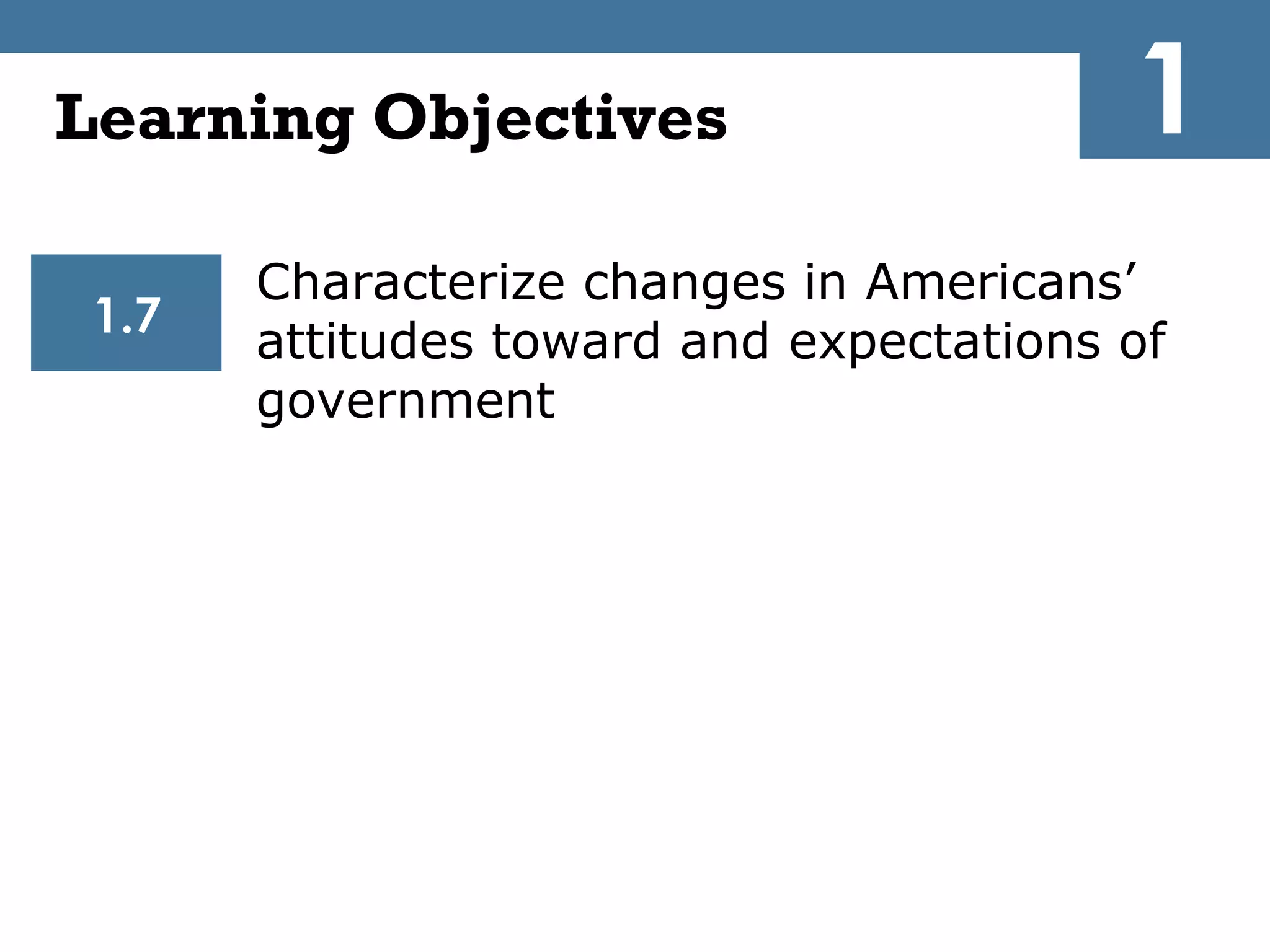 Learning Objectives                      1
       Characterize changes in Americans’
 1.7
       attitudes toward and expectations of
       government
 