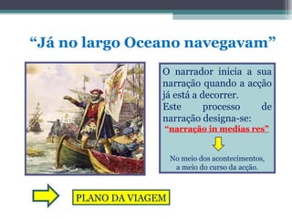 “Já no largo Oceano navegavam”
O narrador inicia a sua
narração quando a acção
já está a decorrer.
Este
processo
de
narração designa-se:
“narração in medias res”

No meio dos acontecimentos,
a meio do curso da acção.

PLANO DA VIAGEM

 