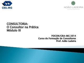 CONSULTORIA: 
O Consultor na Prática 
Módulo III 
FOCON/CRA-MG 2014 
Curso de Formação de Consultores 
Prof. Adão Ladeira  