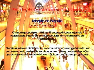 Modelos de Comportamento de Compra O modelo proposto em 196 por Francesco Nicosia, e jamais reatualizado, inspira-se, em sua estrutura, em um programa de computador.  Nicosia Analisa as decisões de um consumidor como originárias de um processo que é possível de ser decupado em “campos de atividade”, e que por usa vez são subdivididos em “subcampos” (ou subprogramas). Modelo de Nicosia 