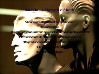 Mecanismos de decisão, compreendem: As motivações As alternativas ou marcas apresentadas no “conjunto evocado” Os mediadores da decisão ou critérios de escolha As predisposições com relação as marcas Os fatores inibidores O nível de satisfação Modelo de Howard e Sheth 