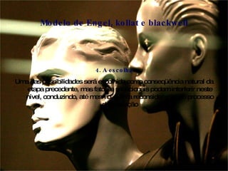 4. A escolha Uma das possibilidades será escolhida como conseqüência natural da etapa precedente, mas fatores situacionais podem interferir neste nível, conduzindo, até mesmo, a uma reconsideração do processo de avaliação Modelo de Engel, kollat e blackwell 