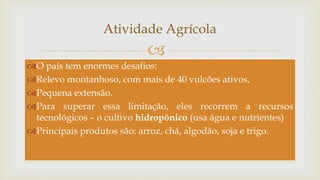 
Atividade Agrícola
O país tem enormes desafios:
Relevo montanhoso, com mais de 40 vulcões ativos,
Pequena extensão.
Para superar essa limitação, eles recorrem a recursos
tecnológicos – o cultivo hidropônico (usa água e nutrientes)
Principais produtos são: arroz, chá, algodão, soja e trigo.
 