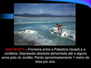 MAR MORTO – Fronteira entre a Palestina (Israel) e a
Jordânia. Depressão absoluta alimentada até a alguns
anos pelo rio Jordão. Perde aproximadamente 1 metro de
área por ano.
 