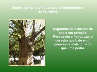 Depois sorriu, retomou a alegria impertinente e acrescentou: Seguramente é melhor do que o teu coração. Perdoa-me a franqueza: o coração que bate em ti parece-me mais duro do que uma pedra. 
