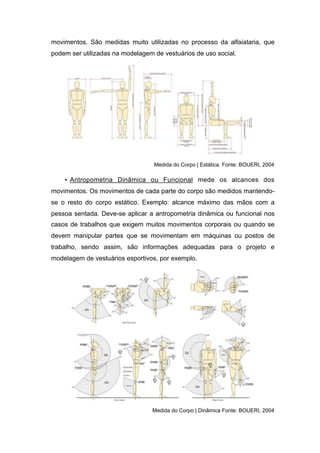 movimentos. São medidas muito utilizadas no processo da alfaiataria, que
podem ser utilizadas na modelagem de vestuários de uso social.
Medida do Corpo | Estática. Fonte: BOUERI, 2004
• Antropometria Dinâmica ou Funcional mede os alcances dos
movimentos. Os movimentos de cada parte do corpo são medidos mantendo-
se o resto do corpo estático. Exemplo: alcance máximo das mãos com a
pessoa sentada. Deve-se aplicar a antropometria dinâmica ou funcional nos
casos de trabalhos que exigem muitos movimentos corporais ou quando se
devem manipular partes que se movimentam em máquinas ou postos de
trabalho, sendo assim, são informações adequadas para o projeto e
modelagem de vestuários esportivos, por exemplo.
Medida do Corpo | Dinâmica Fonte: BOUERI, 2004
 