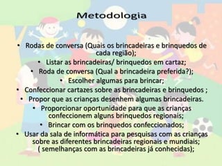 • Rodas de conversa (Quais os brincadeiras e brinquedos de
cada região);
• Listar as brincadeiras/ brinquedos em cartaz;
• Roda de conversa (Qual a brincadeira preferida?);
• Escolher algumas para brincar;
• Confeccionar cartazes sobre as brincadeiras e brinquedos ;
• Propor que as crianças desenhem algumas brincadeiras.
• Proporcionar oportunidade para que as crianças
confeccionem alguns brinquedos regionais;
• Brincar com os brinquedos confeccionados;
• Usar da sala de informática para pesquisas com as crianças
sobre as diferentes brincadeiras regionais e mundiais;
( semelhanças com as brincadeiras já conhecidas);
 