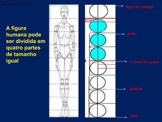 axila até o meio do corpo.
                             topo da cabeça




    A figura
    humana pode              axila.
    ser dividida em
    quatro partes
    de tamanho
    igual                     o meio do corpo




                              joelhos.




                               pés
 