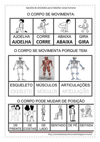 Apostila de atividades para trabalhar corpo humano
http://atividadesdaprofessorabel.blogspot.com.br/
O CORPO SE MOVIMENTA:
AJOELHA
AJOELHA
CORRE
CORRE
ABAIXA
ABAIXA
GIRA
GIRA
O CORPO SE MOVIMENTA PORQUE TEM:
ESQUELETO
ESQUELETO
MÚSCULOS
MÚSCULOS
ARTICULAÇÕES
ARTICULAÇOES
O CORPO PODE MUDAR DE POSIÇÃO
DE
FRENTE
DE
COSTAS
DE
LADO
SENTADO DE PÉ DEITADA
 