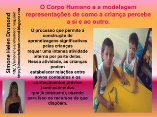 O Corpo Humano e a modelagem
                       http://simonehelendrumond.blogspot.com
                         http://simonehelendrumond.ning.com     representações de como a criança percebe
Simone Helen Drumond

                                                                             a si e ao outro.
                                                                  O processo que permite a
                                                                        construção de
                                                                aprendizagens significativas
                                                                        pelas crianças
                                                                requer uma intensa atividade
                                                                   interna por parte delas.
                                                                Nessa atividade, as crianças
                                                                            podem
                                                                 estabelecer relações entre
                                                                    novos conteúdos e os
                                                                   conhecimentos prévios
                                                                       (conhecimentos
                                                                  que já possuem), usando
                                                                para isso os recursos de que
                                                                          dispõem.
 