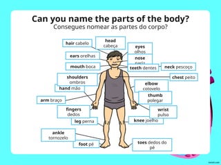 head
cabeça
hair cabelo
eyes
olhos
ears orelhas
nose
nariz
teeth dentes
elbow
cotovelo
thumb
polegar
knee joelho
toes dedos do
pé
foot pé
leg perna
fingers
dedos
hand mão
shoulders
ombros
mouth boca neck pescoço
chest peito
wrist
pulso
ankle
tornozelo
arm braço
Can you name the parts of the body?
Consegues nomear as partes do corpo?
 