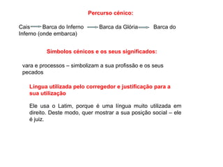 Percurso cénico: Cais  Barca do Inferno  Barca da Glória  Barca do Inferno (onde embarca)  Símbolos cénicos e os seus significados: vara e processos – simbolizam a sua profissão e os seus pecados  Língua utilizada pelo corregedor e justificação para a sua utilização Ele usa o Latim, porque é uma língua muito utilizada em direito. Deste modo, quer mostrar a sua posição social – ele é juiz.   