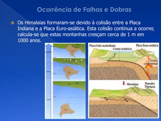 Ocorrência de Falhas e DobrasOs Himalaias formaram-se devido à colisão entre a Placa Indiana e a Placa Euro-asiática. Esta colisão continua a ocorrer, calcula-se que estas montanhas cresçam cerca de 1 m em 1000 anos.