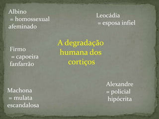 Albino
= homossexual
afeminado

Firmo
= capoeira
fanfarrão

Machona
= mulata
escandalosa

Leocádia
= esposa infiel

A degradação
humana dos
cortiços
Alexandre
= policial
hipócrita

 