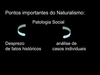 Pontos importantes do Naturalismo:
Patologia Social
Desprezo análise de
de fatos históricos casos individuais
 