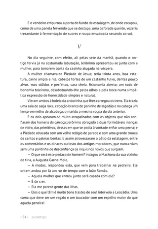 O CORTIÇO
• 54 •
E o vendeiro empurrou a porta do fundo da estalagem, de onde escapou,
como de uma panela fervendo que se destapa, uma baforada quente, vozeria
tresandante à fermentação de suores e roupa ensaboada secando ao sol.
V
No dia seguinte, com efeito, ali pelas sete da manhã, quando o cor-
tiço fervia já na costumada labutação, Jerônimo apresentou-se junto com a
mulher, para tomarem conta da casinha alugada na véspera.
A mulher chamava-se Piedade de Jesus; teria trinta anos, boa esta-
tura, carne ampla e rija, cabelos fortes de um castanho fulvo, dentes pouco
alvos, mas sólidos e perfeitos, cara cheia, fisionomia aberta; um todo de
bonomia toleirona, desabotoando-lhe pelos olhos e pela boca numa simpá-
tica expressão de honestidade simples e natural.
Vieram ambos à boleia da andorinha que lhes carregou os trens. Ela trazia
uma saia de sarja roxa, cabeção branco de paninho de algodão e na cabeça um
lenço vermelho de alcobaça; o marido a mesma roupa do dia anterior.
E os dois apearam-se muito atrapalhados com os objetos que não con-
fiaram dos homens da carroça; Jerônimo abraçado a duas formidáveis mangas
de vidro, das primitivas, dessas em que se podia à vontade enfiar uma perna; e
a Piedade atracada com um velho relógio de parede e com uma grande trouxa
de santos e palmas bentas. E assim atravessaram o pátio da estalagem, entre
os comentários e os olhares curiosos dos antigos moradores, que nunca viam
sem uma pontinha de desconfiança os inquilinos novos que surgiam.
— O que será este pedaço de homem? indagou a Machona da sua vizinha
de tina, a Augusta Carne-Mole.
— A modos, respondeu esta, que vem para trabalhar na pedreira. Ele
ontem andou por lá um ror de tempo com o João Romão.
— Aquela mulher que entrou junto será casada com ele?
— É de crer.
— Ela me parece gente das ilhas.
— Eles o que têm é muito bons trastes de seu! interveio a Leocádia. Uma
cama que deve ser um regalo e um toucador com um espelho maior do que
aquela peneira!
 