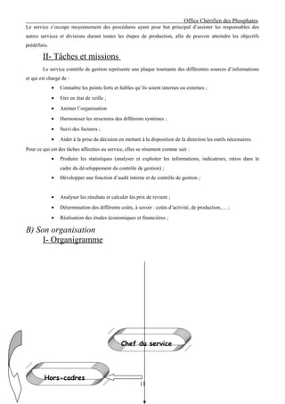 Office Chérifien des Phosphates
Le service s’occupe moyennement des procédures ayant pour but principal d’assister les responsables des
autres services et divisions durant toutes les étapes de production, afin de pouvoir atteindre les objectifs
prédéfinis.

        II- Tâches et missions
        Le service contrôle de gestion représente une plaque tournante des différentes sources d’informations
et qui est chargé de :
              •   Connaître les points forts et faibles qu’ils soient internes ou externes ;
              •   Etre en état de veille ;
              •   Animer l’organisation
              •   Harmoniser les structures des différents systèmes ;
              •   Suivi des factures ;
              •   Aider à la prise de décision en mettant à la disposition de la direction les outils nécessaires.
Pour ce qui est des tâches affectées au service, elles se résument comme suit :
              •   Produire les statistiques (analyser et exploiter les informations, indicateurs, ratios dans le
                  cadre du développement du contrôle de gestion) ;
              •   Développer une fonction d’audit interne et de contrôle de gestion ;


              •   Analyser les résultats et calculer les prix de revient ;
              •   Détermination des différents coûts, à savoir : coûts d’activité, de production,… ;
              •   Réalisation des études économiques et financières ;

B) Son organisation
     I- Organigramme




                                                Chef du service




         Hors-cadres
                                                          11
 