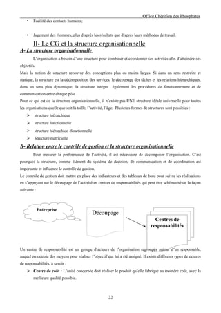 Office Chérifien des Phosphates
    •   Facilité des contacts humains;


    •   Jugement des Hommes, plus d’après les résultats que d’après leurs méthodes de travail.

        II- Le CG et la structure organisationnelle
A- La structure organisationnelle
        L’organisation a besoin d’une structure pour combiner et coordonner ses activités afin d’atteindre ses
objectifs.
Mais la notion de structure recouvre des conceptions plus ou moins larges. Si dans un sens restreint et
statique, la structure est la décomposition des services, le découpage des tâches et les relations hiérarchiques,
dans un sens plus dynamique, la structure intègre           également les procédures de fonctionnement et de
communication entre chaque pôle
Pour ce qui est de la structure organisationnelle, il n’existe pas UNE structure idéale universelle pour toutes
les organisations quelle que soit la taille, l’activité, l’âge. Plusieurs formes de structures sont possibles :
        structure hiérarchique
        structure fonctionnelle
        structure hiérarchico -fonctionnelle
        Structure matricielle

B- Relation entre le contrôle de gestion et la structure organisationnelle
        Pour mesurer la performance de l’activité, il est nécessaire de décomposer l’organisation. C’est
pourquoi la structure, comme élément du système de décision, de communication et de coordination est
importante et influence le contrôle de gestion.
Le contrôle de gestion doit mettre en place des indicateurs et des tableaux de bord pour suivre les réalisations
en s’appuyant sur le découpage de l’activité en centres de responsabilités qui peut être schématisé de la façon
suivante :



             Entreprise
                                                Découpage
                                                                                       Centres de
                                                                                     responsabilités



Un centre de responsabilité est un groupe d’acteurs de l’organisation regroupés autour d’un responsable,
auquel on octroie des moyens pour réaliser l’objectif qui lui a été assigné. Il existe différents types de centres
de responsabilités, à savoir :
     Centre de coût : L’unité concernée doit réaliser le produit qu’elle fabrique au moindre coût, avec la
        meilleure qualité possible.



                                                         22
 