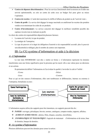 Office Chérifien des Phosphates
     Centres de dépenses discrétionnaires : Pour les services fonctionnels dont la mission est d’aider une
        activité opérationnelle, on crée un centre de coûts avec un budget fixé pour gérer au mieux
        l’opération.
     Centres de recettes : L’unité doit maximiser le chiffre d’affaires du produit ou de l’activité visée ;
     Centre de profit : Le service doit dégager la marge maximale en améliorant les recettes des produits
        vendus et en minimisant les coûts de ces produits.
     Centre d’investissement : Le service concerné doit dégager la meilleure rentabilité possible des
        capitaux investis tout en réalisant un profit.
Le choix des centres de responsabilités dépend de plusieurs facteurs:
    •   La nature de l’activité, le type de produit;
    •   La stratégie de l’entreprise;
    •   Le type de pouvoir et le degré de délégation d’autorité et de responsabilité accordé: plus le pouvoir
        sera décentralisé et délégué, plus le nombre de centres sera important.

        III- Le CG système d’information et aide à la décision
A - L’information
        Le mot latin INFORMARE veut dire « mettre en forme ». L’information représente les données
transformées sous une forme significative pour la personne qui les reçoit: elle a une valeur pour ses décisions
et ses actions
        Ils permettent de définir l’information et d’en évaluer la qualité c’est-à-dire le coût et l’utilité :
            -Forme                                                  -Délais
            -Lieux                                                  -Contenu
Pour ce qui est des sources d’informations, elles sont nombreuses et différenciées, internes ou externes à
l’entreprise, formalisées ou non :

  Dans l’entreprise                                                                     Auprès des groupes avec
                                                                                        Auprès des groupes avec
                                                                                         lesquels elle travail
                                                                                          lesquels elle travail
                                                Les sources
  Dans les institutions
  Dans les institutions
                                               d’informations                             Chez les fournisseurs
                                                                                          Chez les fournisseurs
     (nationales ou
      (nationales ou                                                                         d’information
                                                                                             d’information
   internationales)
    internationales)




L’information acquise utilise des supports pour être transmises, ces supports peuvent être du :
     PAPIER : ouvrages, périodiques, brevets, normes, catalogues, comptes-rendus, rapports, affiches;
     AUDIO ET AUDIO-VISUEL : photos, films, disques, cassettes, microfiches;
     INFORMATIQUE ET TLELMATIQUE : logiciels de traitement                        d’informations et de textes, base
        de données, banque de données.
B - Le système d’information
Plusieurs définitions peuvent être données pour cerner la notion :
                                                         23
 