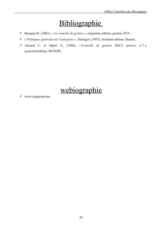 Office Chérifien des Phosphates


                              Bibliographie
 Bouquin H., (2001), « Le contrôle de gestion », cinquième édition, gestion, PUF ;
 « Politiques générales de l’entreprise », Stratégor, (1997), troisième édition, Dunod ;
 Alazard C. et Sépari S., (1998), « Contrôle de gestion DECF épreuve n°7 »,
   quatrièmeédition, DUNOD ;




                               webiographie
 www.ocpgroup.ma;




                                             29
 