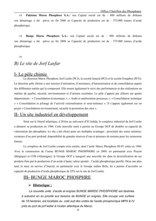 Office Chérifien des Phosphates
    ⇒        Pakistan Maroc Phosphore S.A.: son Capital social est de : 800 millions de dirhams
son démarrage a été         prévu en fin 2006 sa Capacité de production est de : 375.000 tonnes d’acide
phosphorique.


    ⇒        Bunge Maroc Phosphore S.A.: son Capital social est de : 900 millions de dirhams
son démarrage a été         prévu en fin 2008 sa Capacité de production est de : 375.000 tonnes d’acide
phosphorique.


    ⇒

B) Le site de Jorf Lasfar

I- Le pôle chimie
           La direction Maroc Phosphore Jorf Lasfar (PCJ), la société Imacid (PCI) et la société Emaphos (PCE).
La direction pôle chimie a une mission d’animation, d’assistance, d’harmonisation et de consolidation auprès
des différentes entités qui la composent. Elle assure également le suivi des performances et des réalisations en
matière de qualité, sécurité, environnement et d’actions sociétales. Le pôle s’appuie par ailleurs sur quatre
départements : « Consolidation économique », « Audit et amélioration processus », « Consolidation technique
» « Consolidation et pilotage de l’activité externalisation et sous-traitance ». Il s’appuie également sur un
projet « Consolidation environnement, sécurité et promotion des sites ».

II- Un site industriel en développement
           Situé sur le littoral atlantique, à 20 km au sud-ouest d’El Jadida, le complexe industriel de Jorf Lasfar
a démarré sa production en 1986. Cette nouvelle unité a permis au Groupe OCP de doubler sa capacité de
valorisation des phosphates. Le site a été choisi pour ses multiples avantages : proximité des zones minières,
existence d’un port profond, disponibilité de grandes réserves d’eau et présence de terrains pour les extensions
futures.
           Le complexe de Jorf Lasfar compte trois entités, dont l’unité Maroc Phosphore III-IV créée en 1986.
Avec la construction de l’usine BUNGE MAROC PHOSPHORE en 2009, en partenariat avec Prayon
(Belgique) et CFB (Allemagne), le Groupe OCP a inauguré une nouvelle ère dans la diversification de ses
produits finis par la production d’un acide à haute valeur ajoutée : l’acide phosphorique purifié. Deux ans plus
tard, la mise en service d’Imacid, en partenariat avec le Groupe indien Birla, lui a permis d’accroître sa
capacité de production d’acide phosphorique de 25% sur le site de Jorf Lasfar.

           III- BUNGE MAROC PHOSPHRE
                Historique :
               La nouvelle unité d’acide et engrais BUNGE MAROC PHOSPHORE est destinée
      à subvenir en en priorité aux besoins de BUNGE en engrais, Elle occupe une surface
      de 18 hectares, est localisée au coté sud des unités de l’acide phosphorique MPIII & IV
      prés du port de jorf lasfar à l’océan atlantique du Maroc.
                                                          8
 