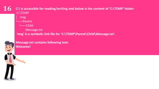 16 C: is accessible for reading/writing and below is the content of 'C:TEMP' folder:
C:TEMP
│ msg
└───Parent
└───Child
Message.txt
'msg' is a symbolic link file for 'C:TEMPParentChildMessage.txt'.
Message.txt contains following text:
Welcome!
 