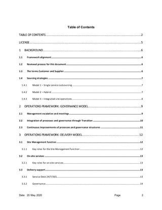 Date: 20 May 2020 Page 2
Table of Contents
TABLE OF CONTENTS................................................................................................2
LICENSE................................................................................................................5
1 BACKGROUND...................................................................................................6
1.1 Framework alignment.......................................................................................................................................................6
1.2 Reviewal process for this document..............................................................................................................................6
1.3 The terms Customer and Supplier..................................................................................................................................6
1.4 Sourcing strategies ............................................................................................................................................................7
1.4.1 Model 1 – Single service outsourcing....................................................................................................................7
1.4.2 Model 2 – Hybrid.......................................................................................................................................................7
1.4.3 Model 3 – Integrated site operations ....................................................................................................................8
2 OPERATIONS FRAMEWORK: GOVERNANCE MODEL.....................................................9
2.1 Management escalation and meetings.........................................................................................................................9
2.2 Integration of processes and governance through Transition ...............................................................................10
2.3 Continuous improvements of processes and governance structures ..................................................................11
3 OPERATIONS FRAMEWORK: DELIVERY MODEL.........................................................12
3.1 Site Management function ............................................................................................................................................12
3.1.1 Key roles for the Site Management function .....................................................................................................12
3.2 On-site services ................................................................................................................................................................13
3.2.1 Key roles for on-site services.................................................................................................................................13
3.3 Delivery support...............................................................................................................................................................13
3.3.1 Service Desk 24/7/365............................................................................................................................................13
3.3.2 Governance...............................................................................................................................................................14
 