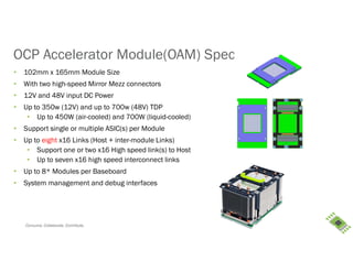 Consume. Collaborate. Contribute.
OCP Accelerator Module(OAM) Spec
• 102mm x 165mm Module Size
• With two high-speed Mirror Mezz connectors
• 12V and 48V input DC Power
• Up to 350w (12V) and up to 700w (48V) TDP
• Up to 450W (air-cooled) and 700W (liquid-cooled)
• Support single or multiple ASIC(s) per Module
• Up to eight x16 Links (Host + inter-module Links)
• Support one or two x16 High speed link(s) to Host
• Up to seven x16 high speed interconnect links
• Up to 8* Modules per Baseboard
• System management and debug interfaces
 