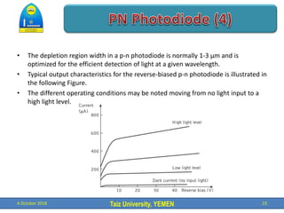 Taiz University, YEMEN
• The depletion region width in a p-n photodiode is normally 1-3 µm and is
optimized for the efficient detection of light at a given wavelength.
• Typical output characteristics for the reverse-biased p-n photodiode is illustrated in
the following Figure.
• The different operating conditions may be noted moving from no light input to a
high light level.
4 October 2018 23
 