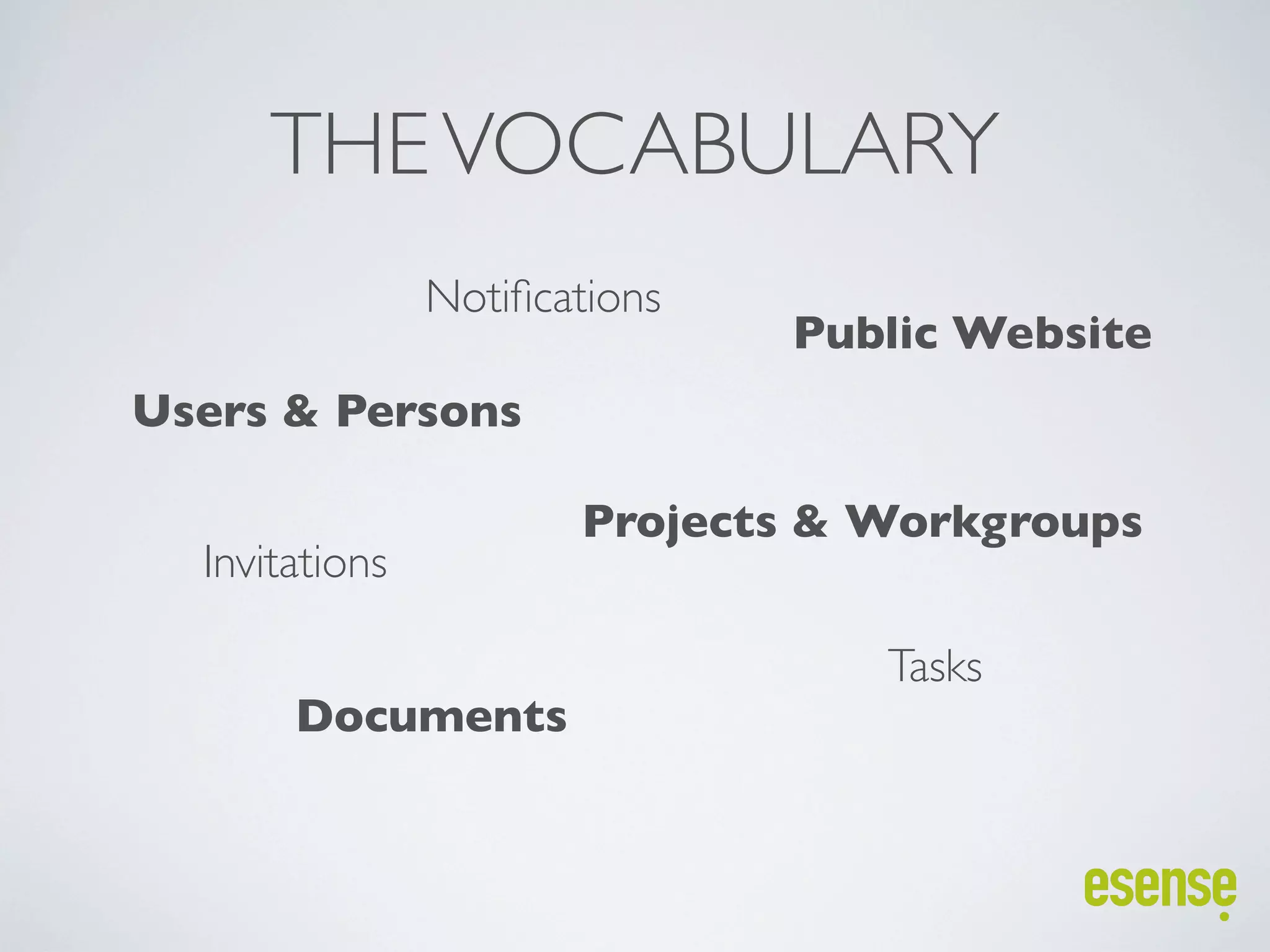 THE VOCABULARY
                Notiﬁcations
                               Public Website
Users & Persons

                       Projects & Workgroups
  Invitations

                                  Tasks
       Documents
 