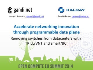 Accelerate networking innovation through programmable data plane 
Removing switches from datacenters with TRILL/VNT and smartNIC 
Ahmed Amamou, ahmed@gandi.net 
Benoît Ganne, bganne@kalray.eu  