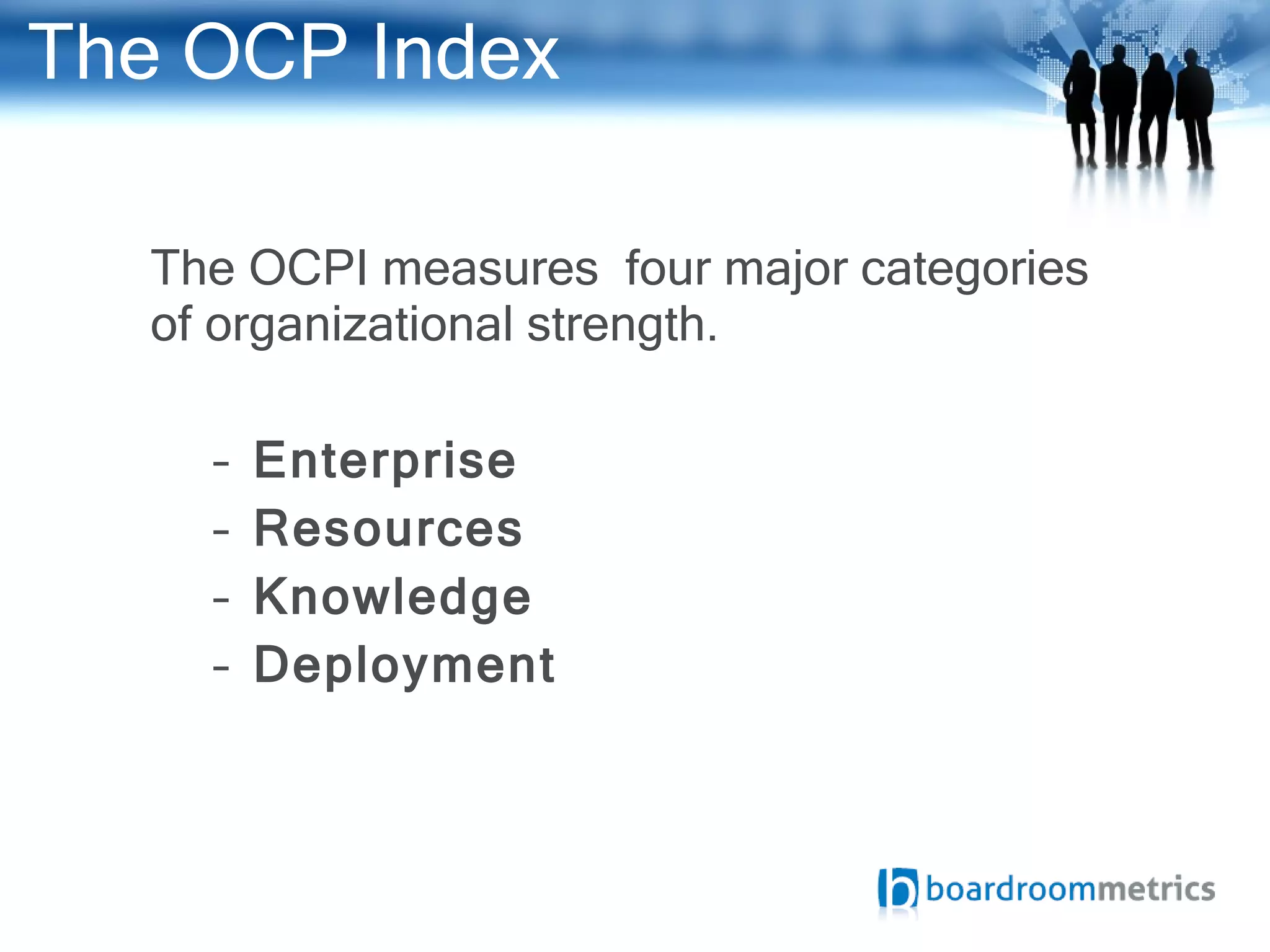 The OCP Index The OCPI measures  four major categories of organizational strength.  Enterprise Resources Knowledge Deployment 
