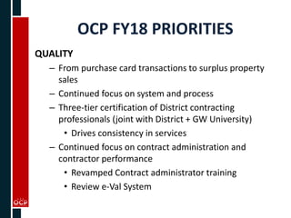 OCP FY18 PRIORITIES
QUALITY
– From purchase card transactions to surplus property
sales
– Continued focus on system and process
– Three-tier certification of District contracting
professionals (joint with District + GW University)
• Drives consistency in services
– Continued focus on contract administration and
contractor performance
• Revamped Contract administrator training
• Review e-Val System
 