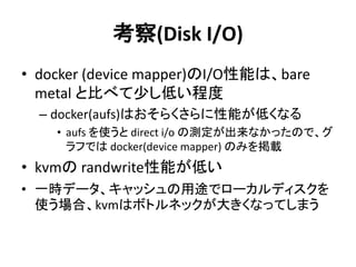 考察(Disk I/O)
• docker (device mapper)のI/O性能は、bare
metal と比べて少し低い程度
– docker(aufs)はおそらくさらに性能が低くなる
• aufs を使うと direct i/o の測定が出来なかったので、グ
ラフでは docker(device mapper) のみを掲載
• kvmの randwrite性能が低い
• 一時データ、キャッシュの用途でローカルディスクを
使う場合、kvmはボトルネックが大きくなってしまう
 